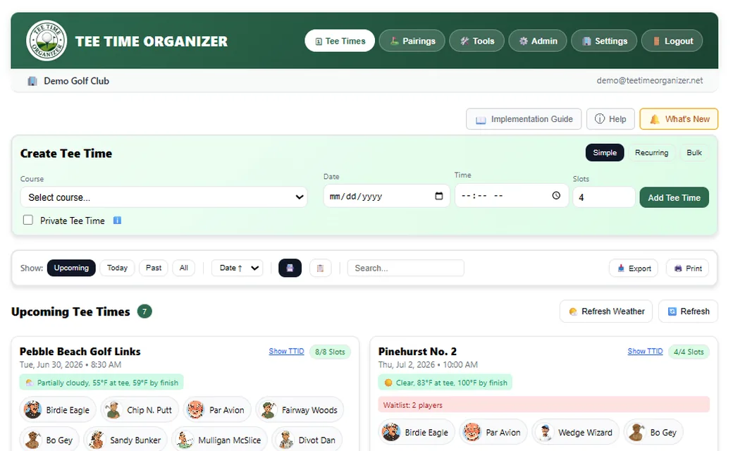 Tee Time Organizer dashboard - golf group management software showing tee time scheduling, player RSVPs, and weather forecasts